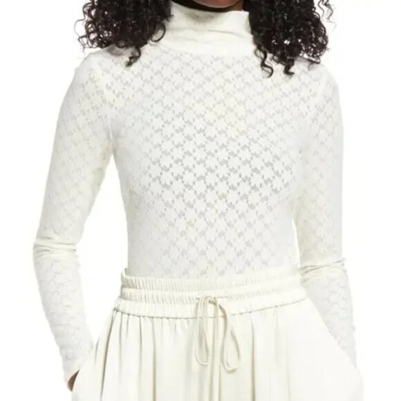 Open Edit Ivory White Long Sleeve Mock Neck Floral Lace Bodysuit Size Medium - Picture 1 of 6